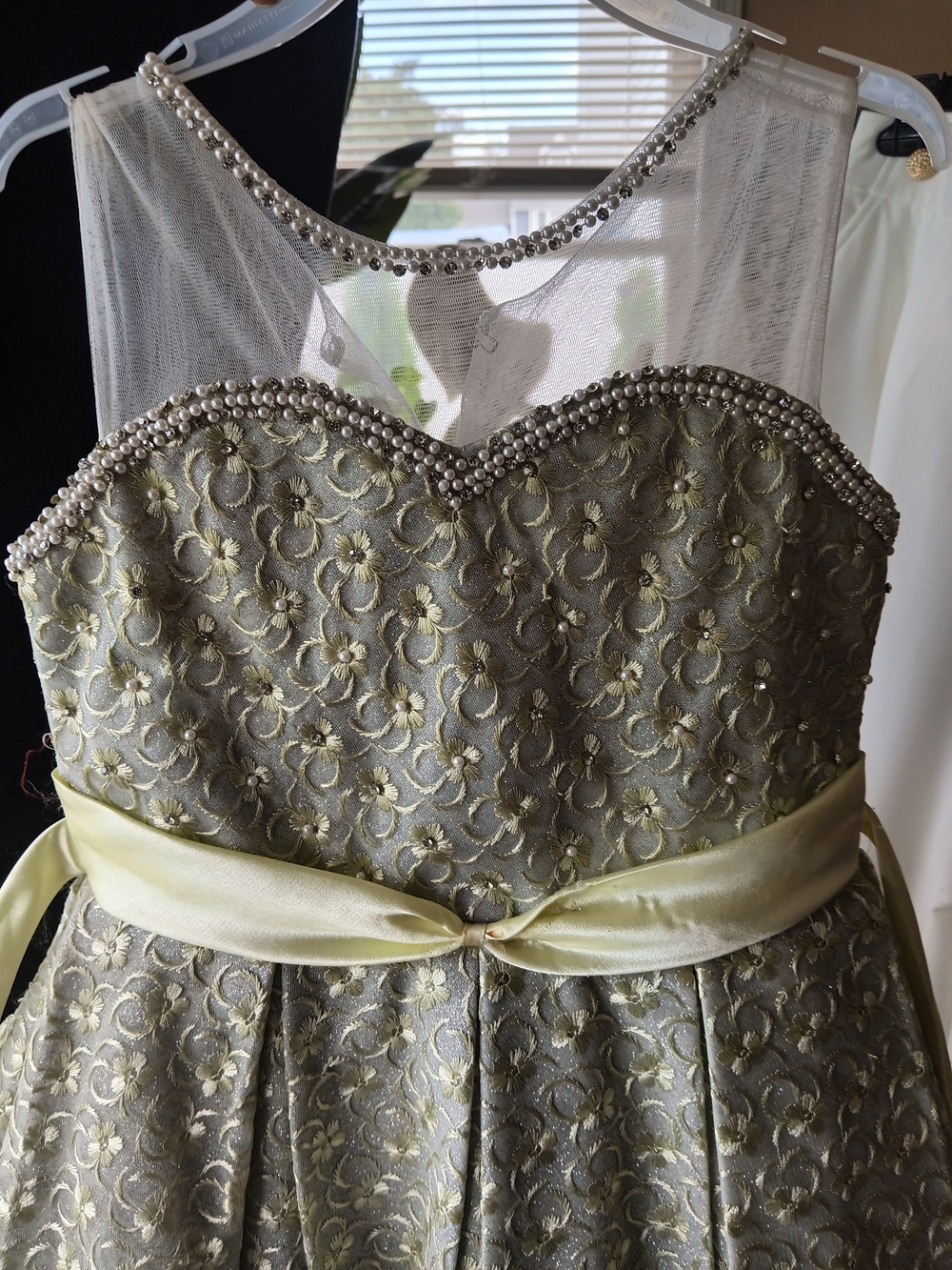 Girls Gold Floral Lace Party Dress with Satin Sash and Pearl Trim